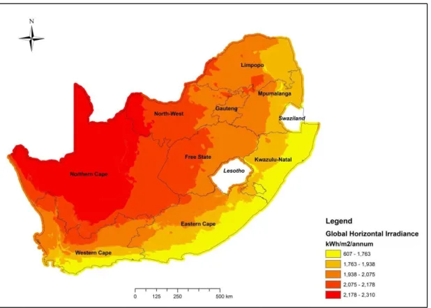 Figure 4.4.  Global Horizontal Irradiance for South Africa showing the total amount of  shortwave radiation received from above by a surface horizontal to the ground  (Source: 