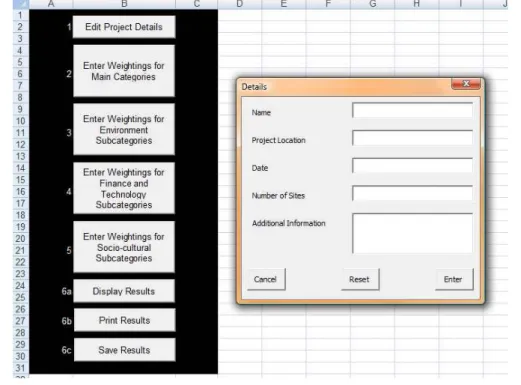 Figure 4-5.  Stakeholder sheet in the MCDA workbook with project details dialogue box open  The weighting of the different criteria is performed at two levels