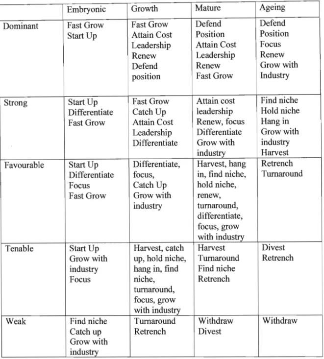 Figure 2.4: The Life Cycle Matrix-Stages of Industry Maturity 