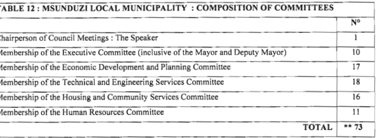 TABLE 12: MSUNDUZI LOCAL MUNICIPALITY: COMPOSITION OF COMMITTEES N°
