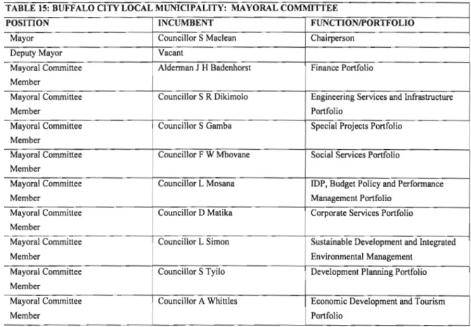 TABLE 15: BUFFALO CITY LOCAL MUNICIPALITY: MAYORAL COMMITTEE