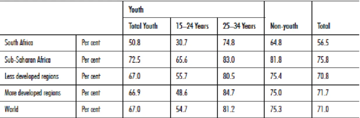 Table  2:  An  international  comparison  of  South  Africa’s  narrow  labour  force  participation rates by age cohort, 2005 