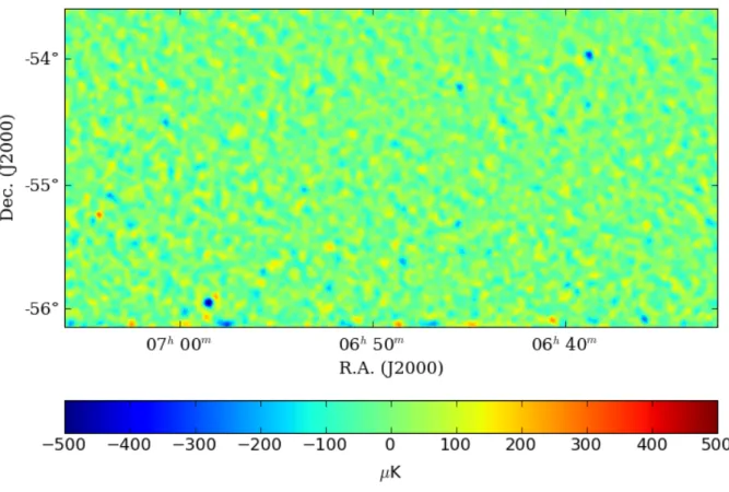 Figure 6.2: Sub-region of the filtered ACT data map at 148 GHz. The well known Bullet cluster (bottom left) and Abell S0592 (top right) are clearly discernible.