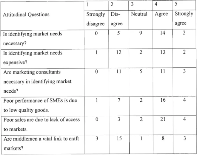 Table 5.1 Attitudes of sampled SMEs towards market surveys, marketing Consultants, product quality and middlemen (n=30).