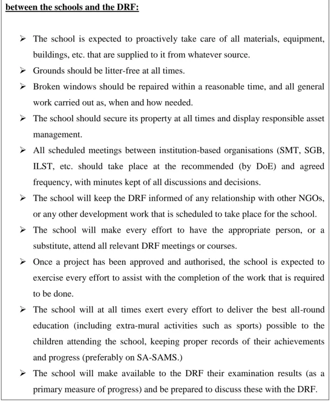 Table 2: Requirements of DRF schools as outlined in the memorandum of  understanding 