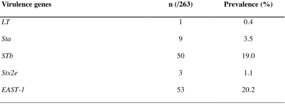 Table 3.2: Proportion of the individual virulence genes in the enterotoxigenic, shigatoxin and  enteroaggregative E