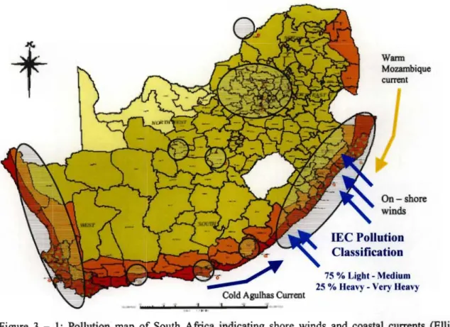 Figure 3 - 1: Pollution map of South Africa indicating shore winds and coastal currents (Ellis, 2005).