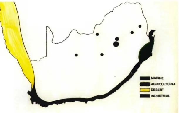 Figure 3 - 2: Pollution type map for SA highlighting coastal pollution (Eills, 2005).