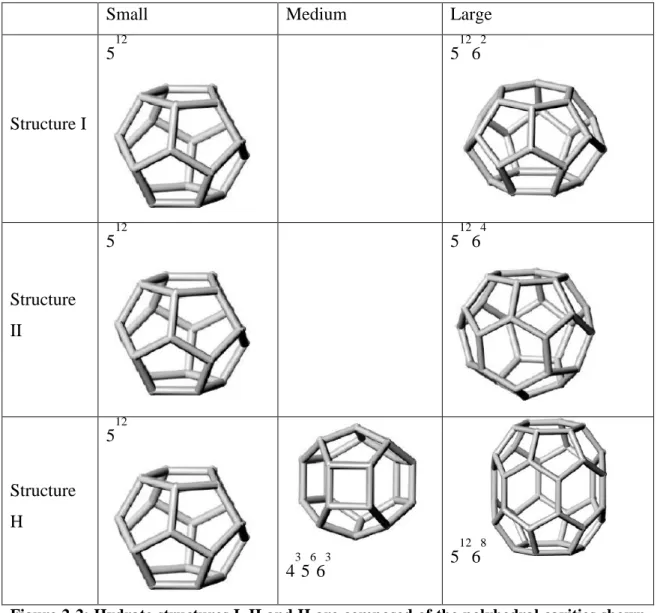 Figure 2-2: Hydrate structures I, II and H are composed of the polyhedral cavities shown  above  (Sloan  et  al.,  2008)