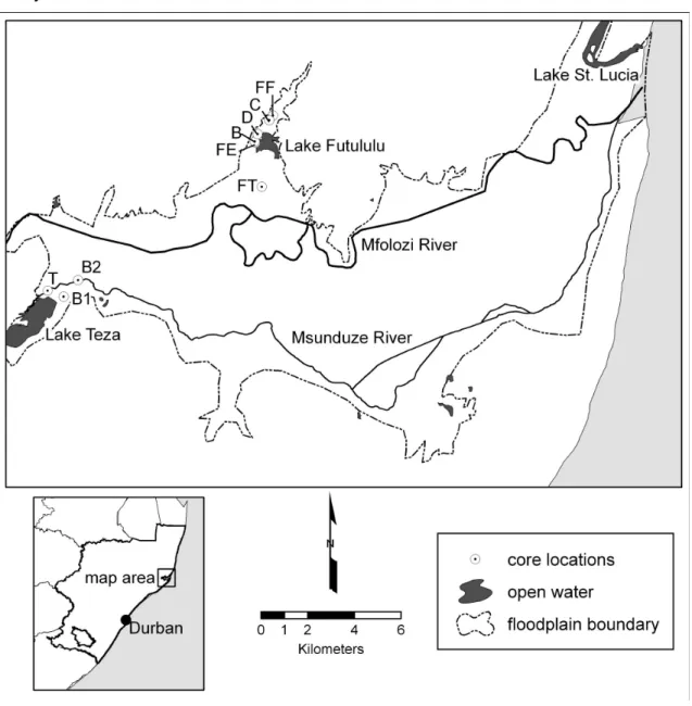 Figure 1: Location of the Mfolozi River Floodplain and the floodplain lakes; Lake  Futululu, Lake Teza and Lake St