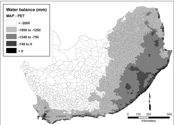 Figure 2: Annual water balance for South African quaternary (forth-order) catchments  (mean annual precipitation – mean annual potential evaporation), calculated from  Schulze (1997)