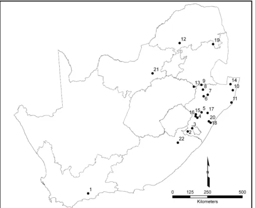 Figure 3: Map of wetland locations (1 = Grootvlei, Klein River, Kruis River and main arm  of  Goukou  wetland,  2  =  Mzimvubu,  3  =  Ntsikeni  and  Killarney,  4  =  Northern  and  Southern  Mgeni  Vlei,  5  =  Kruisfontein,  6  =  Gladstone  Vlei,  7  =