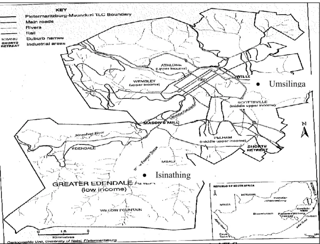 Figure 3.1  Study sites (Isnathing and Umsilinga) in the context of the Greater  Edendale Area (GEA) in Pietermaritzburg, KwaZulu-Natal