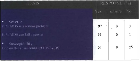 TABLE 6: Perception of Susceptibility and Severity of Threat of HIV/AIDS (n=90)  111 
