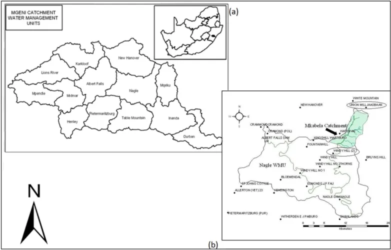 Figure 4.1  Location of the Nagle WMU within the Mgeni Quaternary Catchment in (a)  and  the  Mkabela  Research  Catchment  within  the  Nagle  WMU  in  (b)