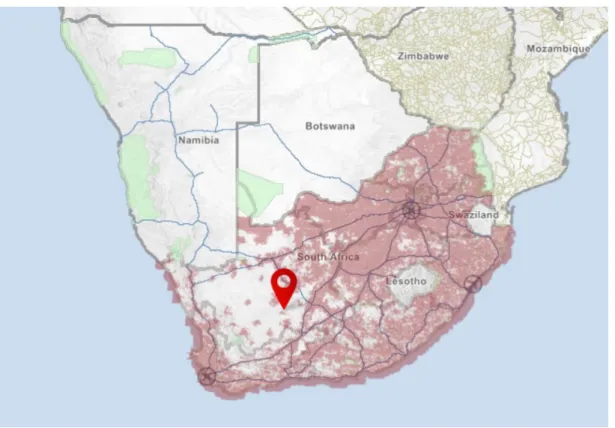 Figure 5.1 is a map of South Africa, showing the location of Klerefontein and also showing the extent of Vodacom 3G cellphone coverage in South Africa
