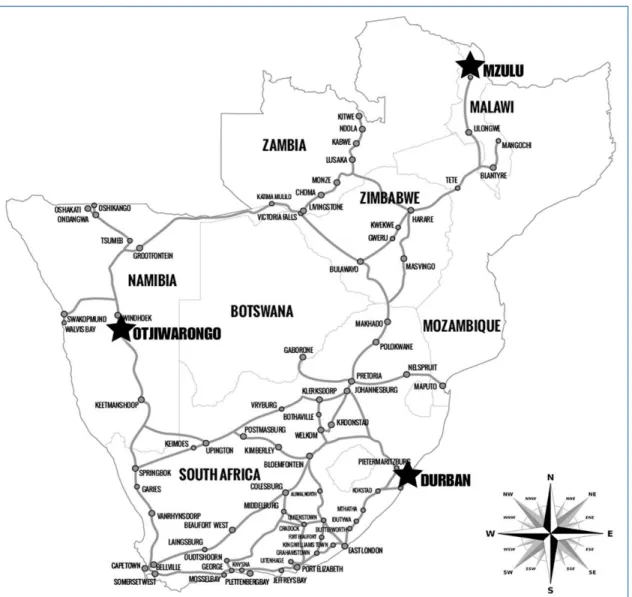 Figure 4.2:  Locality Map indicating comparative location of three selected cities of  Durban, Mzuzu and Otjiwarongo 