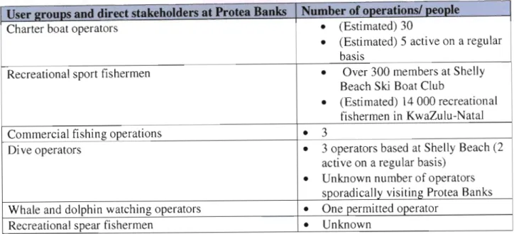 Table 6.2.1. Current user groups and direct stakeholder at Protea Banks