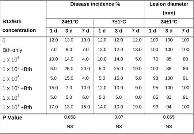 Table  5.2  Control  of  Penicillium  digitatum  incidence  or  lesion  diameter  by  the  yeast Isolate B13 and Breakthru ®  when applied 1, 3 and 7 days prior to  harvest, in the 2006 season (fruit stored at 24±1°C) 