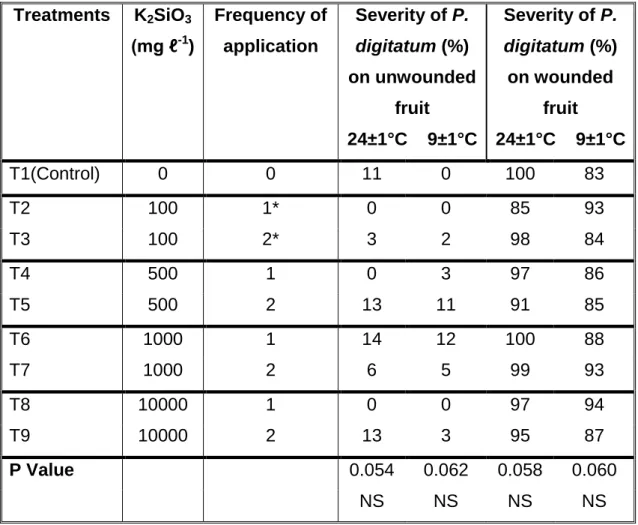 Table 6.3 Effect of four months potassium silicate field applications on severity  of  Penicillium  digitatum  (%)  on  navel  oranges  in  the  2006  season  one  month after harvest  