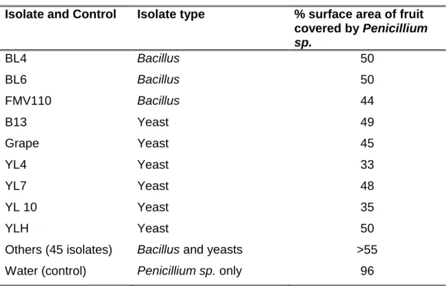 Table  9.5  Severity  of  Penicillium  sp.  infection  of  litchi  fruit  as  affected  by  antagonistic yeasts or Bacillus isolates, applied preventatively 