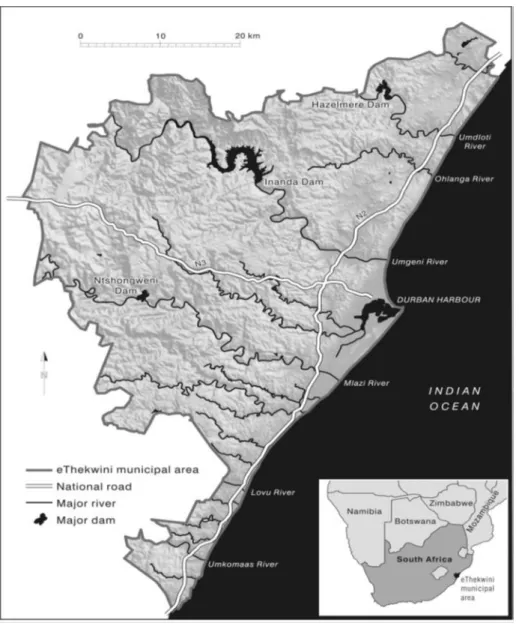 Figure 3.1: Location of eThekwini Municipality within South Africa (Source: Roberts,  2008: 522) 