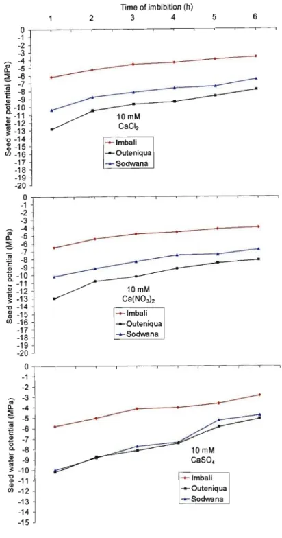 Figure 2.5 B. Changes in seed water potential of three cultivars (Imbali, Outeniqua and Sodwana) during imbibition in 10 mM salt (CaCh, Ca(N03)2 and CaS04)