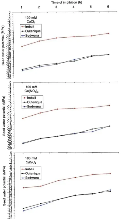 Figure 2.5 C. Changes in seed water potential of three cultivars (Imbali , Outeniqua and Sodwana) during imbibition in 100 mM salt (CaCh, Ca(N03)2 and CaS04)