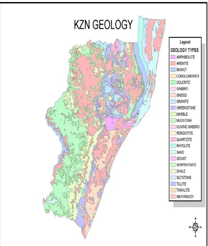 Figure 3.3: Simplified geological map of the KZN (from Ahmed, 1996) in Chile,                  2007
