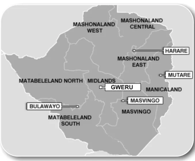 Figure 4-3: Location of Phase Two Research Sites in Zimbabwe: Harare, Mutare, Gweru,  Masvingo, and Bulawayo 