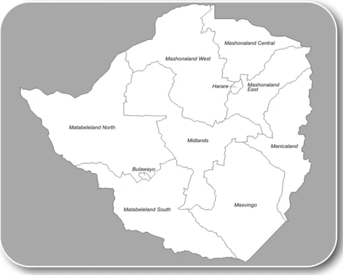 Figure 4-5: Zimbabwe’s 10 Provinces: Mashonaland East, Mashonaland West,                          Mashonaland Central, Matabeleland South, Matabeleland North, Bulawayo,                     Harare, Masvingo, Manicaland and Midlands