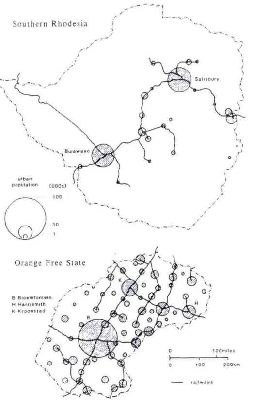 Figure 1: Urban networks in Southern Rhodesia and the Orange Free State in 1936. Source: A.J