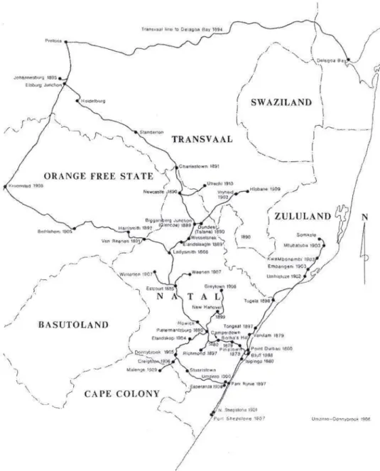 Figure 5: Map of the railway expansion in Natal with the respective years of opening, especially note the lines  constructed until 1895
