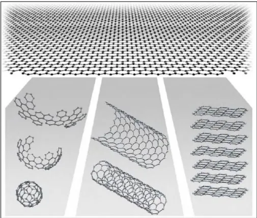 Figure 3-1 The crystalline structure of graphene (top), fullerenes (bottom left), carbon nanotubes (bottom middle) and  graphite (bottom right) [10]