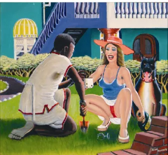 Figure 1: T. Makhoba, Great Temptation in the Garden, 1995. Oil on canvas, 42x59cm. Campbell  Collections, UKZN (WCP3002)