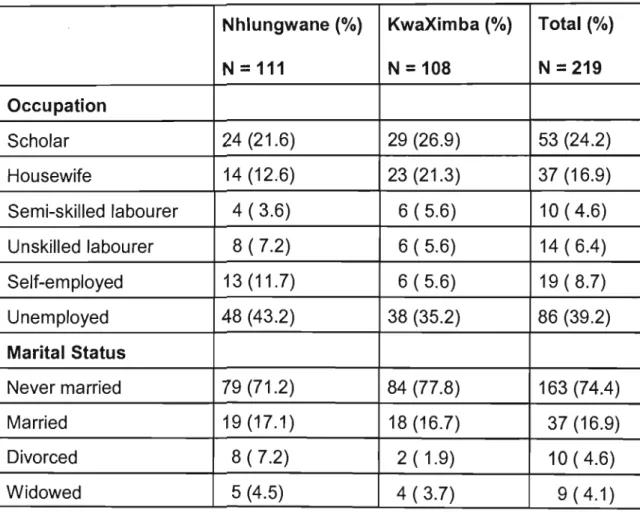 Table 20:  Occupational and marital status of respondents 