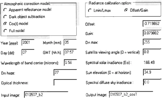 Figure 5.3: Input parameters used when applying the COST atmospheric correction  model to band 2 of the reference image