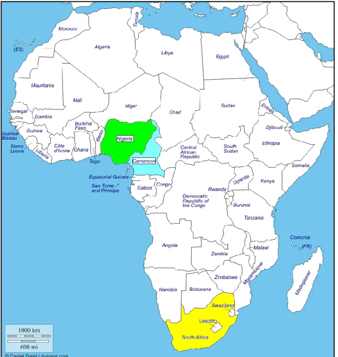 Figure 4.1: Geographical locations of case study areas relative to the host nation, South  Africa 