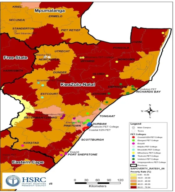 Figure 5.6: Location of FET colleges in KZN in relation to the rate of poverty  