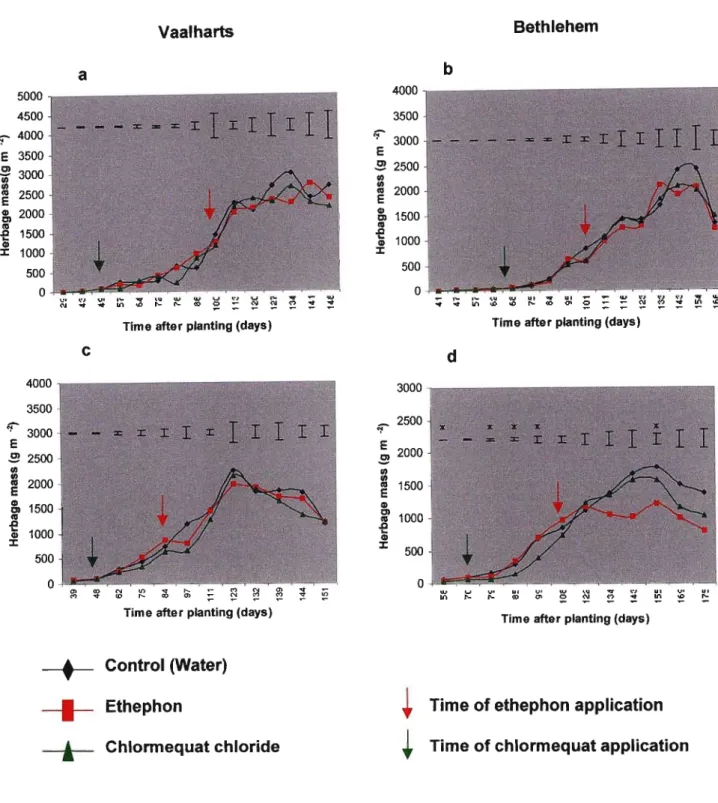 Fig. 10 Biomass accumulation of SST 876 wheat in the 2003 (a and b) and 2004 (c and d) seasons at Vaalharts and Bethlehem