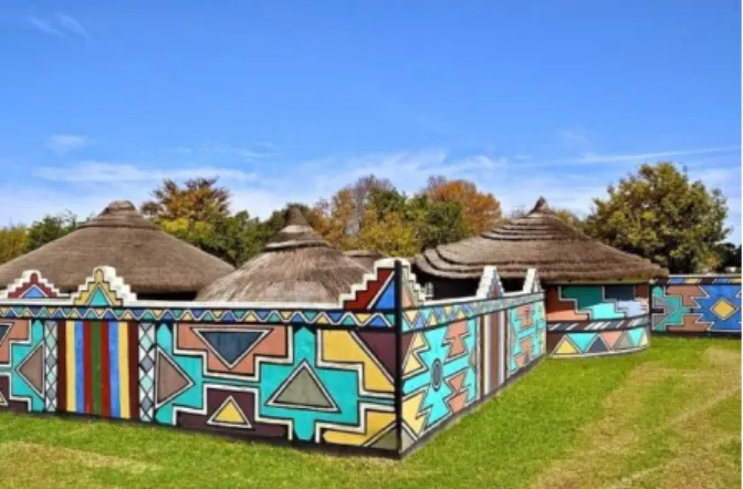 Figure 3 shows a typical Ndebele homestead painted with Ndebele patterns, these  patterns were first painted with natural earth colourings and due to urbanisation and  the introduction of paint as we know it today, the patterns are now painted in vibrant  
