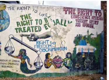 FIGURE 12: IMAGE OF A PORTION OF THE  DURBAN HUMAN RIGHTS WALL  This image is a representation of the  collaborative effort of a racially and socially  diverse group of people who used their unique 