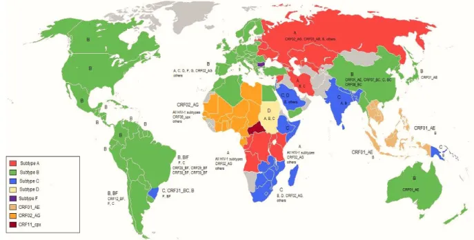 Figure 1.1: Worldwide prevalence of HIV-1 group M subtypes and CRF  Source: Santos and Soares (2010, p507) 
