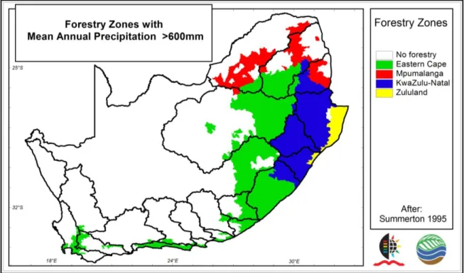 Figure 4.3  The  distribution  of  the  four  forestry  climatic  zones  for  quinary  catchments  with  an  MAP exceeding 600 mm/annum (after Summerton, 1995)