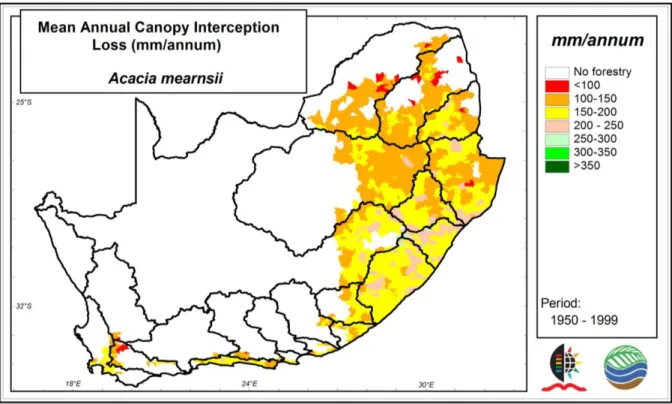 Figure 4.6  Representative mean annual canopy interception loss for Acacia mearnsii per quinary  catchment in South Africa
