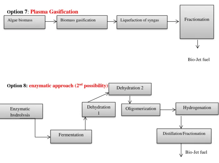 Figure 3:  Conversion processes to get algae bio-jet fuel (compiled from [32–36,51–53])