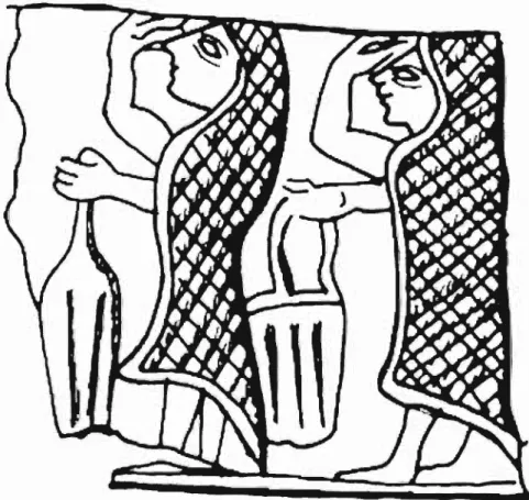 Figure 12: Etruscan women in patterned 'raincoat' veils, 550 BCE (Bonfante 1975: Figure 13) 