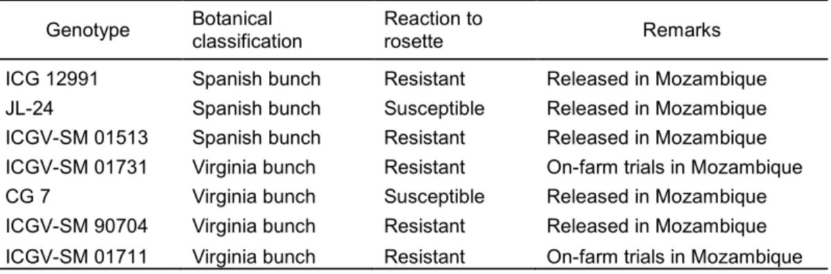 Table 5.1: Name, market type and rosette disease reaction of the groundnut cultivars used in  this study 