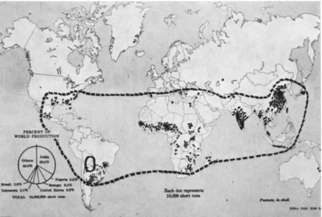 Figure  1.1:  Center  of  origin  (solid  line)  and  area  of  intensive  groundnut,  Arachis  hypogaea,  cultivation (dotted line) in the world