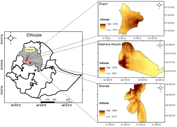 Figure 2.1. Geographical location and altitudinal range of the study areas